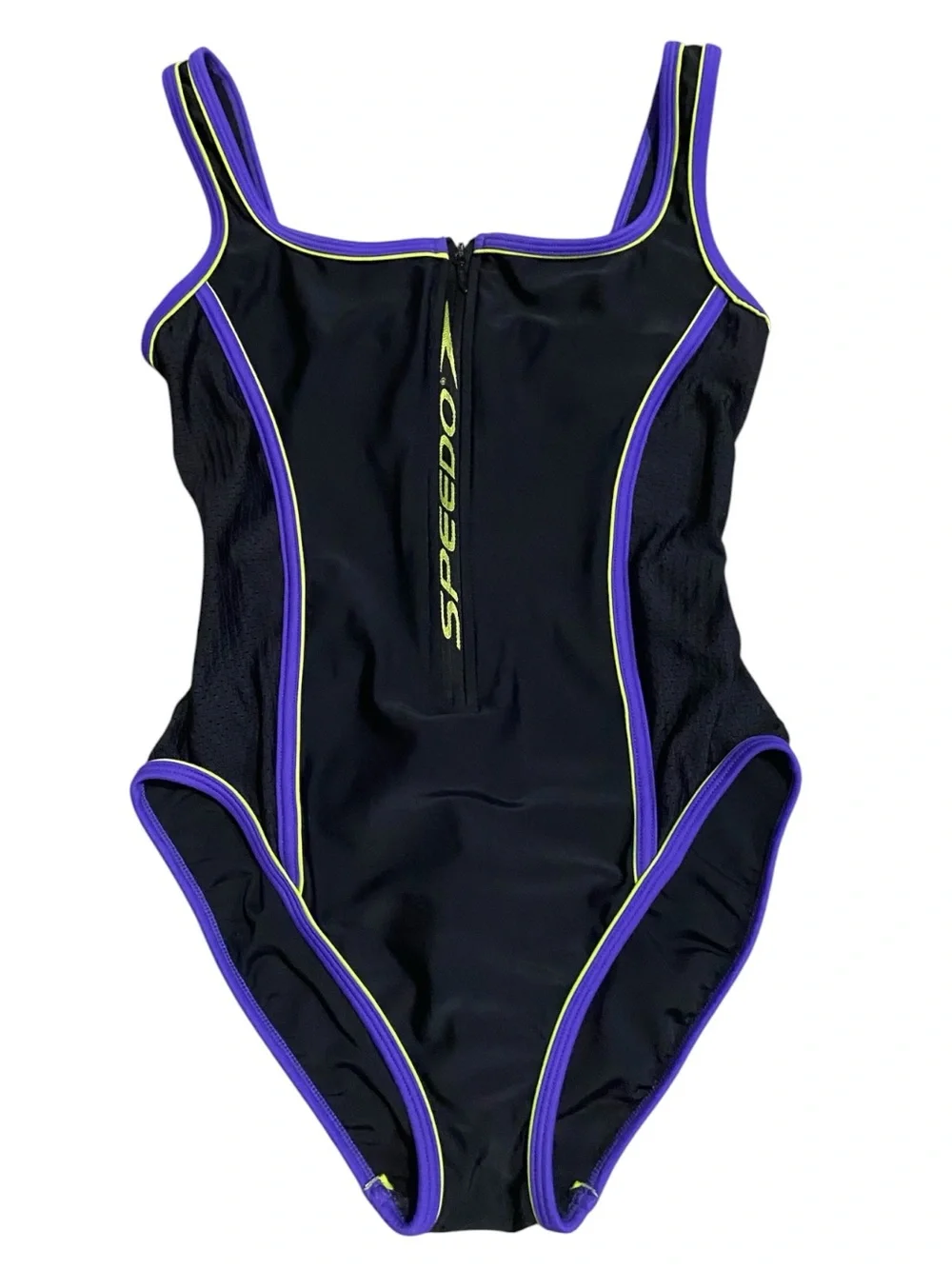 Vtg 90s Speedo Black Zipper Front Aquatic Fitness One Piece Swimsuit 10 Sporty